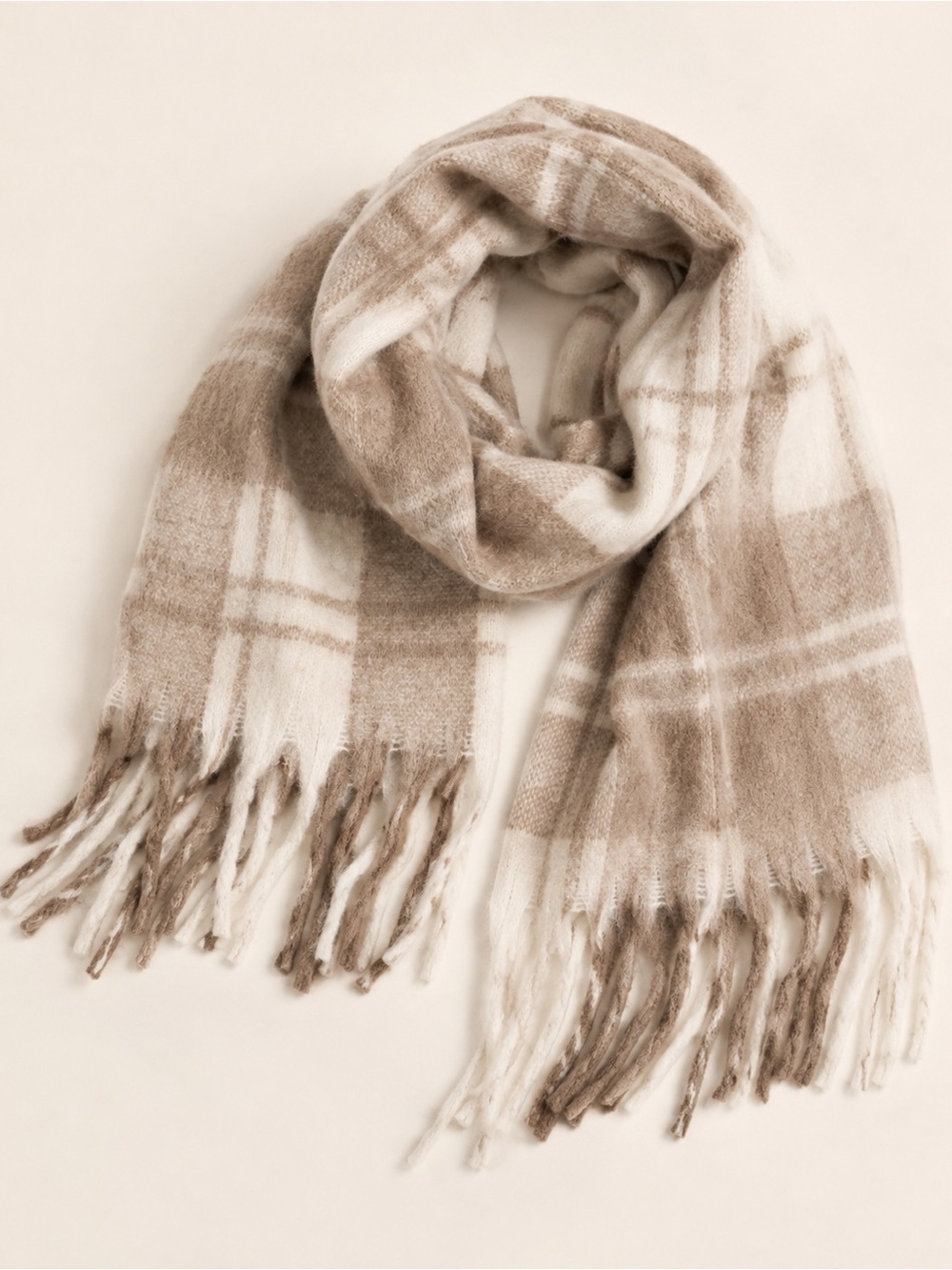 Ardene Plaid Fringe Scarf in Beige and Cream
